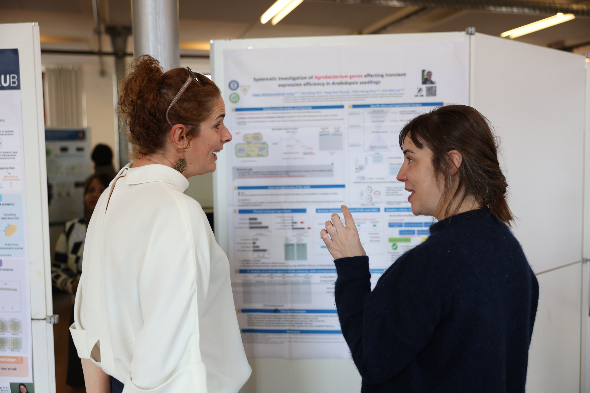Researchers discussing a poster at Agrobacterium 2025